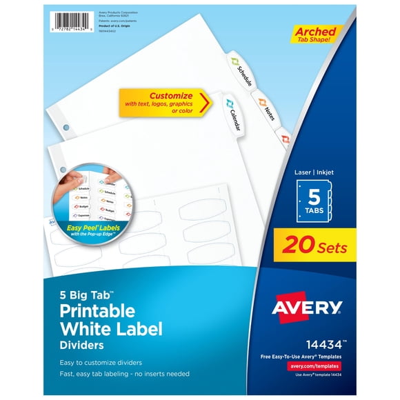 Avery Big Tab Printable White Label Dividers for 3 Ring Binders, 5 Tabs per Set, White, Great for Office Supplies, School Supplies, Organizing, and M