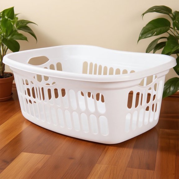 Rectangular Laundry Basket, Plastic Clothes Hamper, 1.5 Bushel, White - Dirty Clothing Storage Organizer with Handles for Bedroom, Bathroom, and Closet