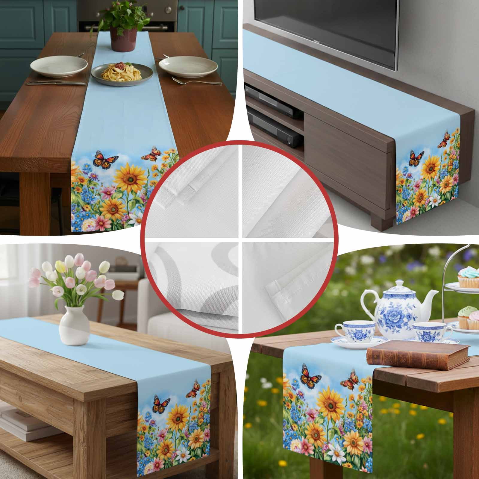 Farm Sunflower Butterfly Table Runner 90 Inches Long, Watercolor Wildflower Blue Sky Table Runners Tabletop Scarf Kitchen Dining Tables Decoration for Home Party Indoor Outdoor