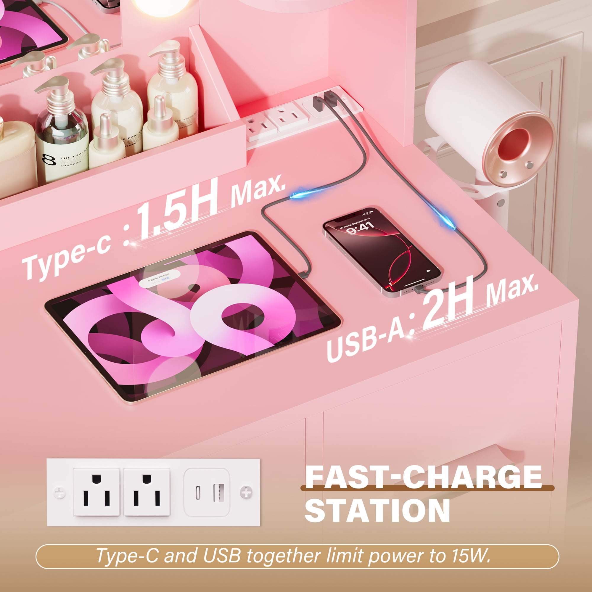Lacoo Vanity Desk with Mirror & Lights, Makeup Vanity Set with 7 Drawers & Shelves, Vanity Table for Bedroom, Pink