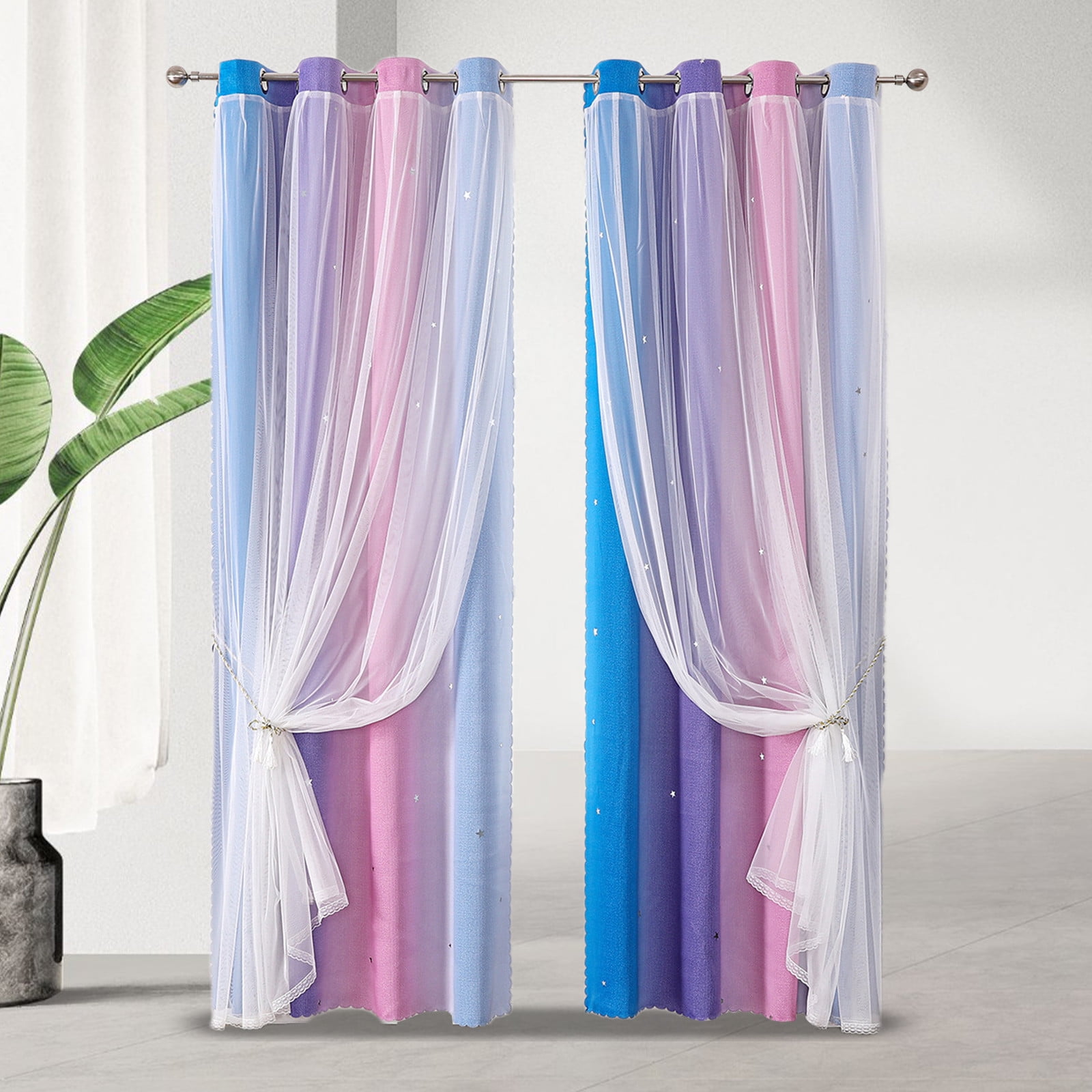 2-in-1 Double-Layer Kids & Girls Unicorn Princess Ombre Blackout Curtains with Foil Print Sheer,Panels for Bedroom, Nursery, Living Room - Yellow Purple Blue, 52W x 63L