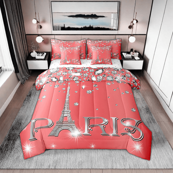 Erosebridal Red Paris Comforter Set Twin,Eiffel Tower Bed in A Bag 7 Piece,Girly Sparkles Diamond Bedding Sets,Glitter (Not Real)Sequins Reversible Bed Sets with Sheet Set
