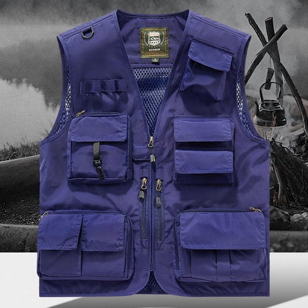 Ceisia Men's Loose Fit Outdoor Utility Vest Multi-Pocket Breathable Mesh Lining V-Neck Fishing Hiking Volunteer Waistcoat Gifts Blue 1X
