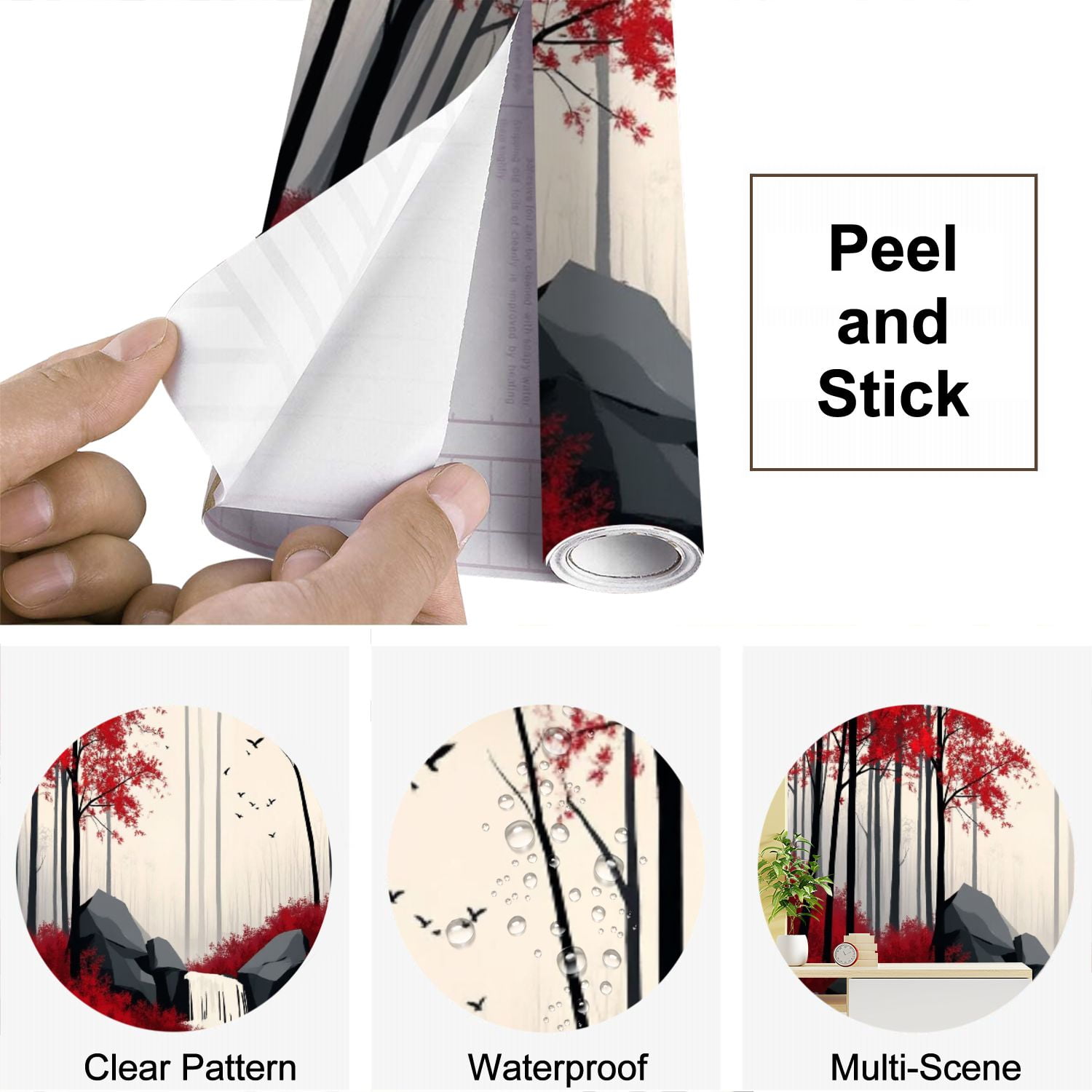 Peel and Stick Wallpaper Black White Red Woods Waterfall Landscape Foliage Dark Trees Red Trees Modern Art Wall Mural Decor Self Adhesive and Removable 69in x 98in
