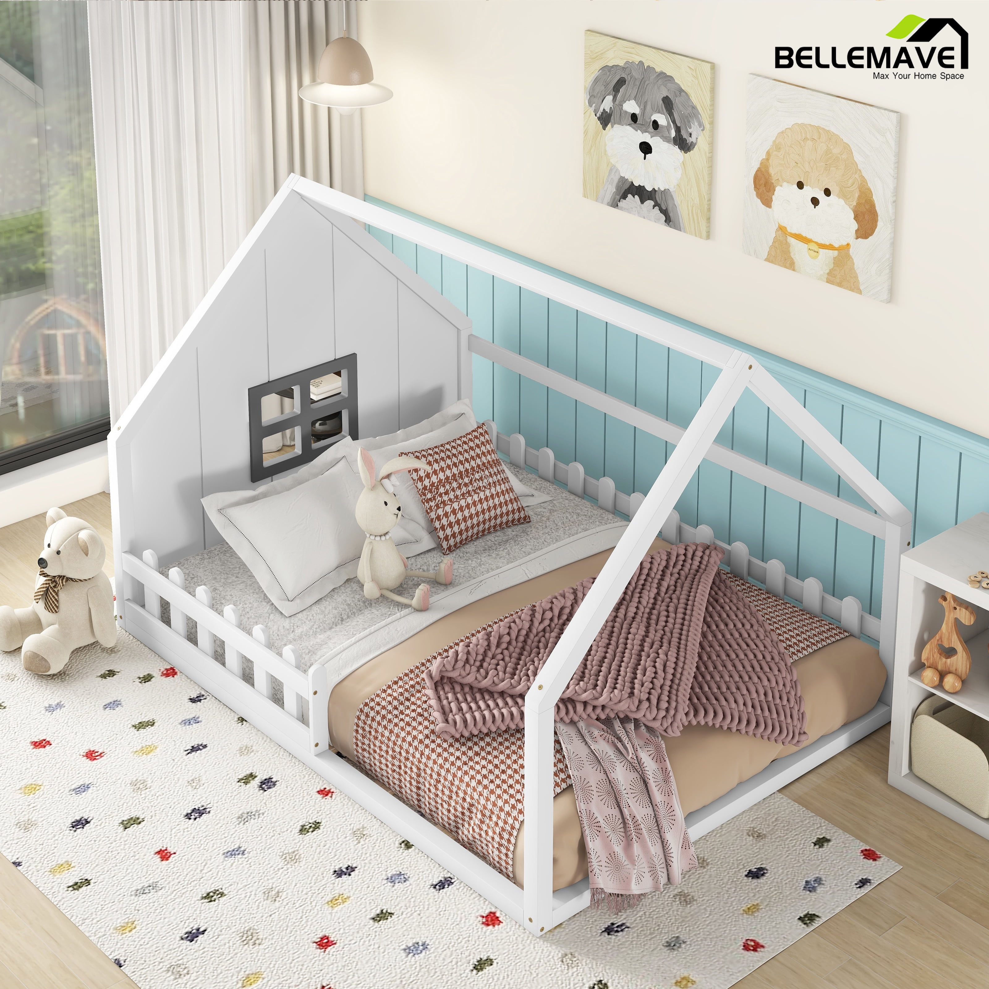 Bellemave House Bed Full Size Floor Bed with Fence Railings and Window, Wooden Montessori Floor Bed,Full Size Bed Frame,White
