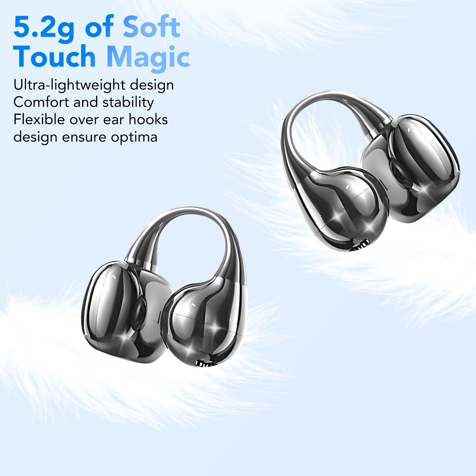 Open Ear Earbuds, Wireless Earbuds, Bluetooth Headphones with Mic, Adaptive Noise Cancelling Calls, Bluetooth 5.4, 50H Playtime, Light Weight, Clip On Earbuds for Workout/Running (Black)