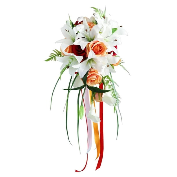 Romántico ramo de novia en cascada con flores artificiales falso y rosa con hojas para de boda, aniversario de la iglesia
