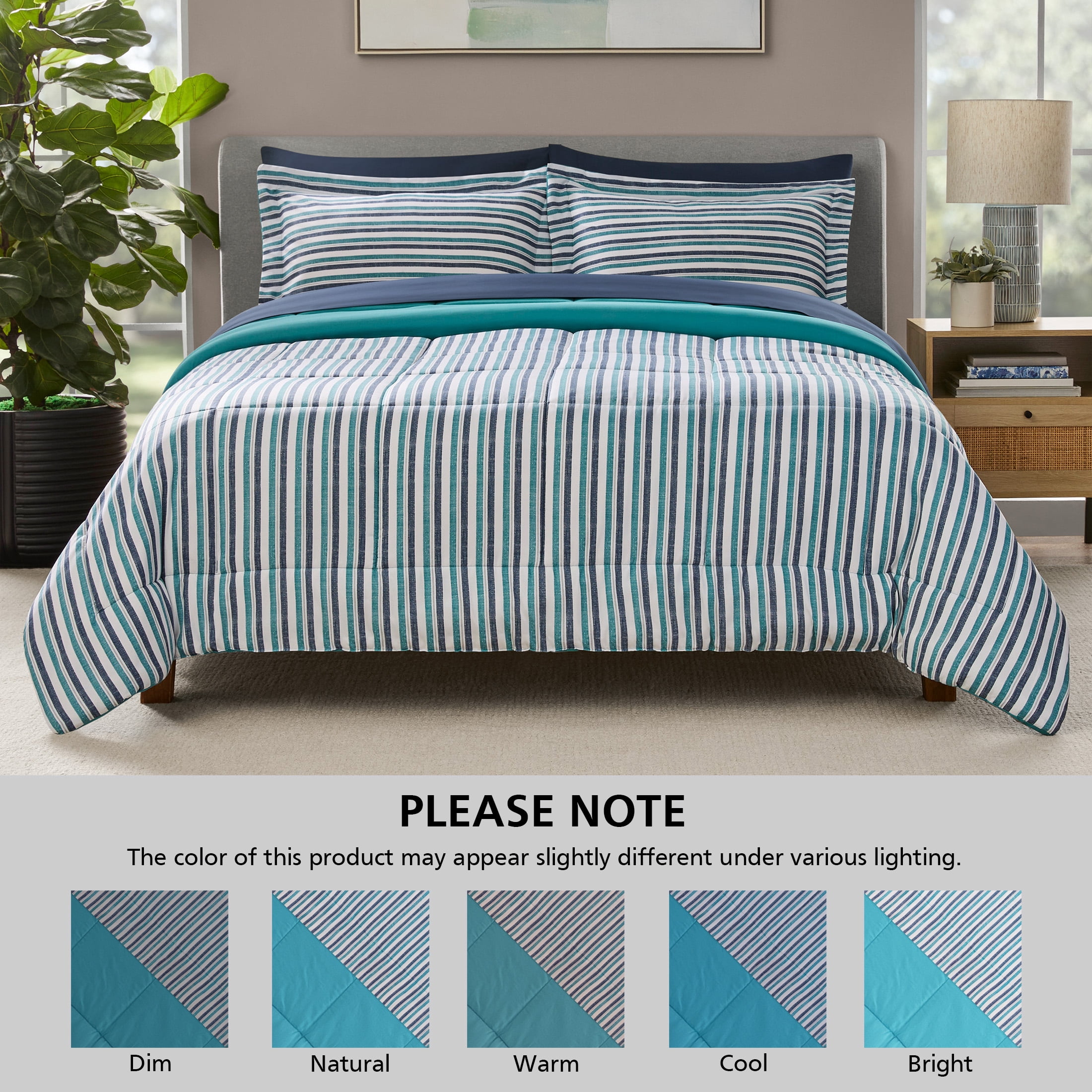 Mainstays All in One Reversible Comforter and Sheet set- 7 Piece, Full, Blue Pinstripe