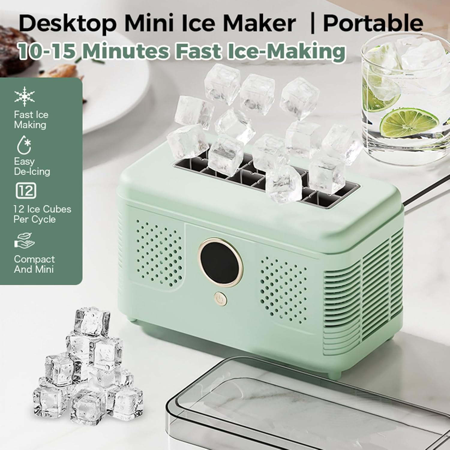 MUSICOZY Countertop Ice Maker Mini Portable,12 Solid Square Cubes in 15 Mins,Travel Ice Maker with Car Adapter,with Ice-Cubes Detachment Rack and Removable Top Cover,for Home Parties Camping Travel