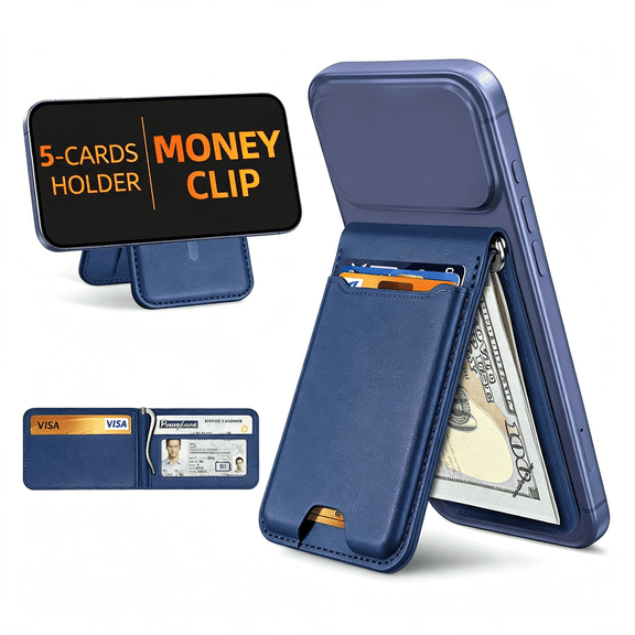 GJX for Magsafe Wallet with Money Clip,5 Card Holder,Adjustable Stand Strongest Magnetic Wallet for Iphone 17/16/15/14/13/12 Series,Id Window,Rfid Blocking,Not for 13/12 Mini,Navy Blue