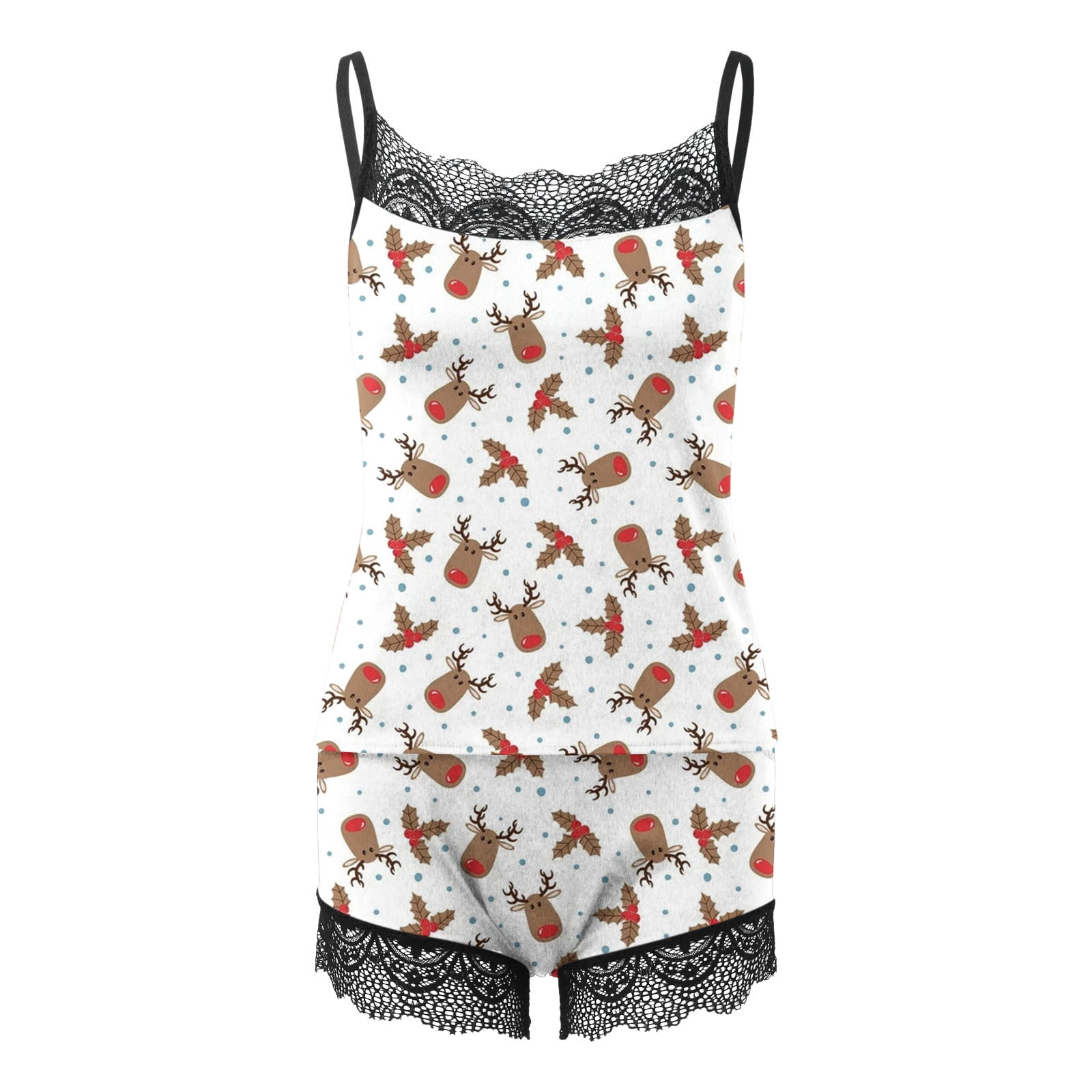 BONIXOOM Christmas Pajamas For Women Christmas Pajamas Sleepwear Drawstring Sleeveless Sleepwear Sets Printed Khaki XL