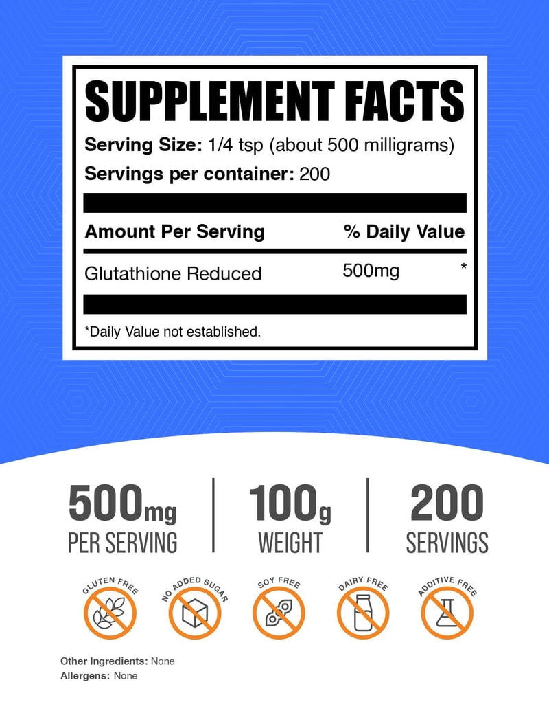BulkSupplements Glutathione Powder - Reduced Form, 500mg per Serving - 100 Grams (3.5 oz) - 200 Servings