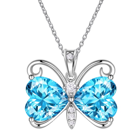 Juwaliy Blue Butterfly Necklace Heart March Birthstone Necklace Aquamarine Silver Plated Pendant Jewelry Women Christmas Birthday Mother's Day Gift