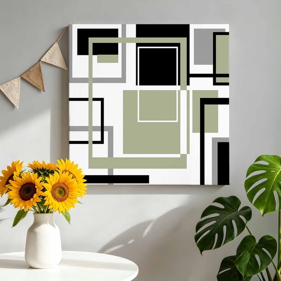 Canvas Wall Art Abstract Lines Art Canvas Art Print Black Green Geometric Modern Texture Pictures Wall Decor for Living Room Bedroom Artwork Decorations Stretched Framed Ready to Hang 12"x12"