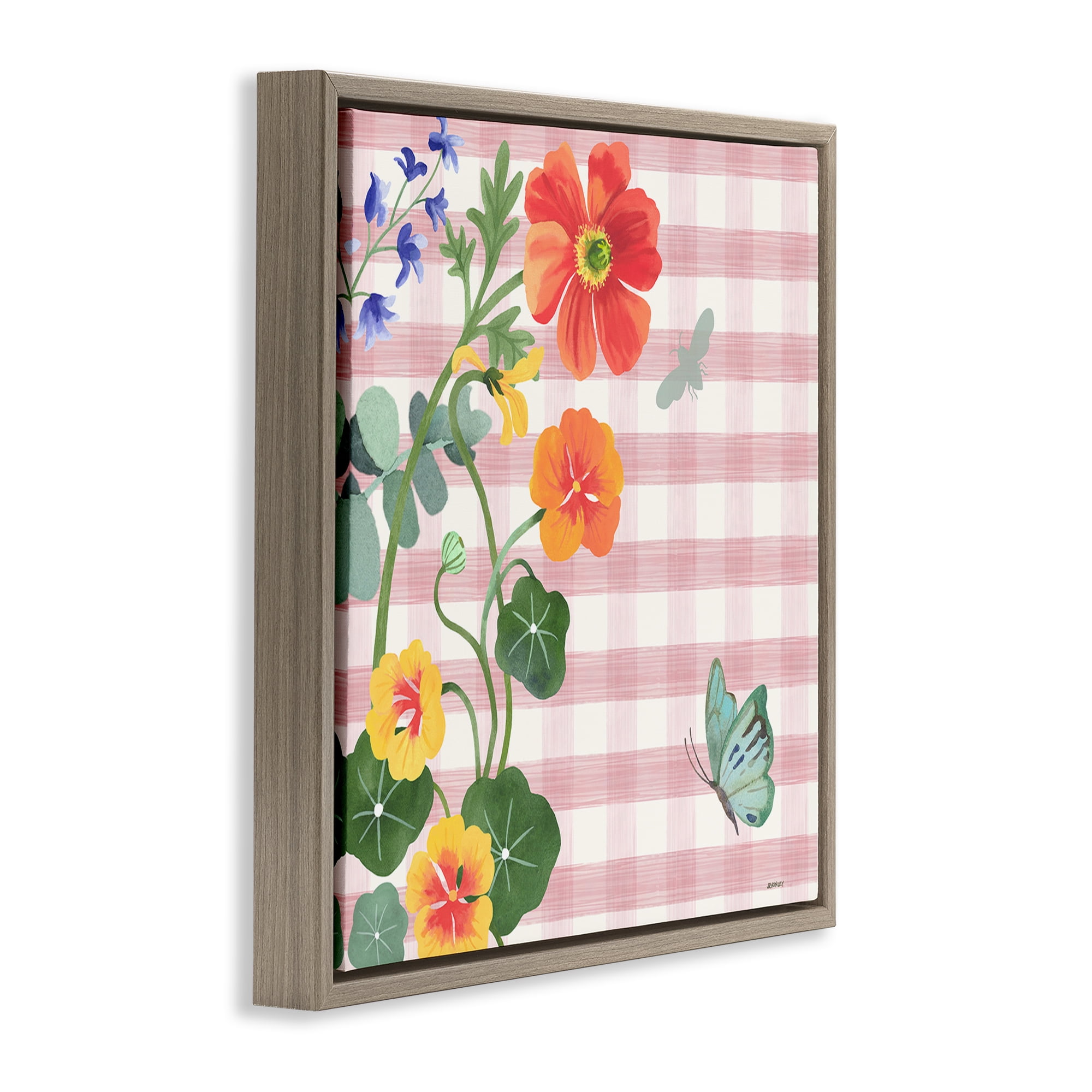 Stupell Industries Garden Poppies on Gingham Botanical & Floral Painting Brown Floater Framed Canvas Art Print Wall Art, 25 x 25