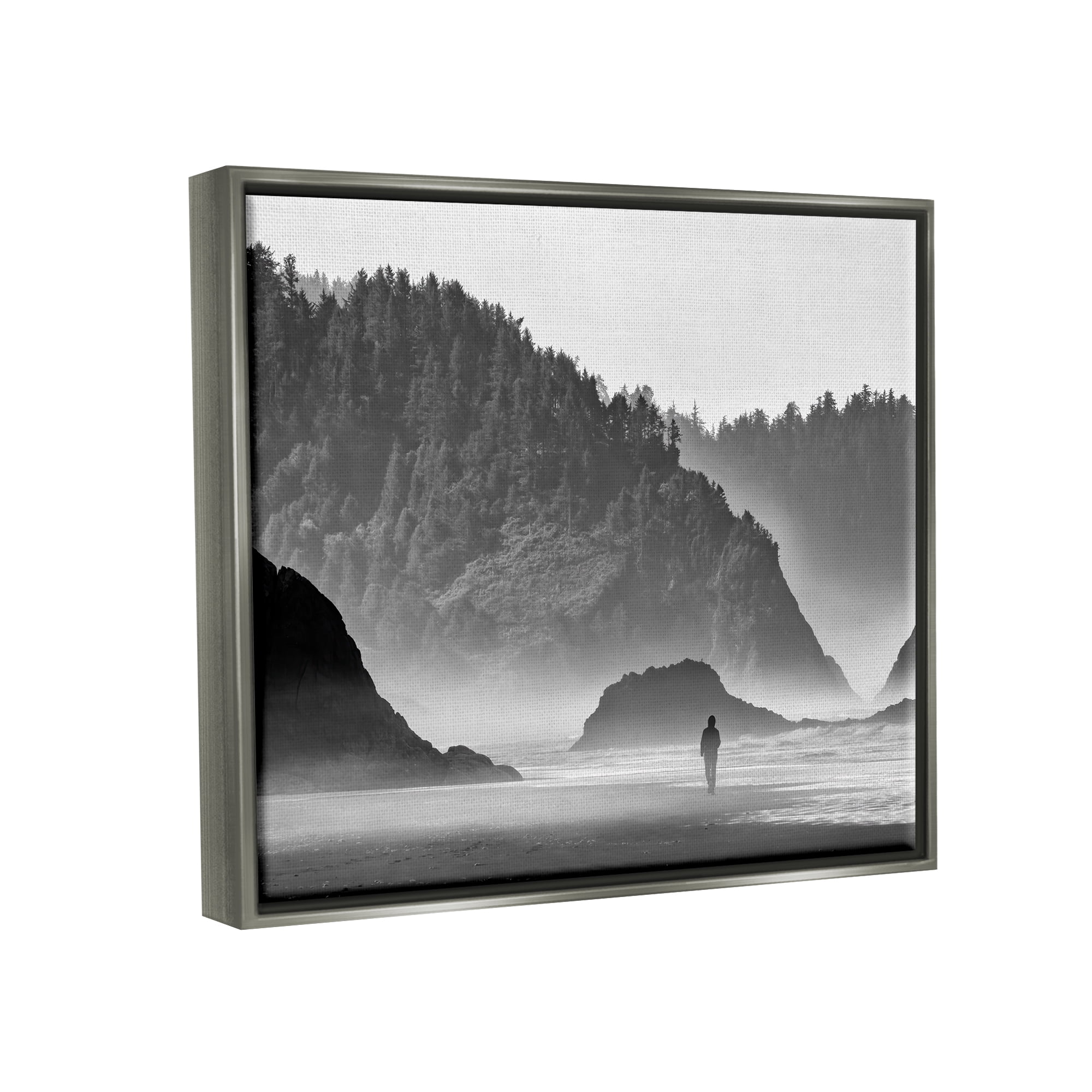 Stupell Person Strolling Rocky Cliff Shoreline Landscape Photography Gray Floater Framed Art Print Wall Art