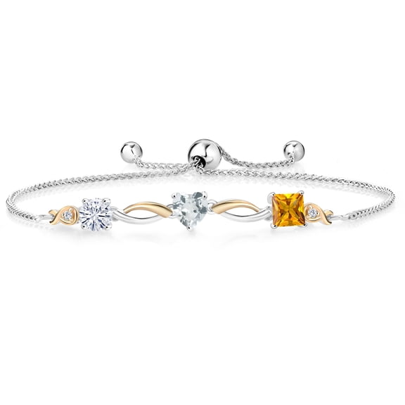 Gem Stone King 925 Silver and 10K Yellow Gold Moissanite Sky Blue Aquamarine Yellow Citrine and Lab Grown Diamond Tennis Bracelet for Women By Keren Hanan (1.83 cttw, Adjustable up To 9 inch)