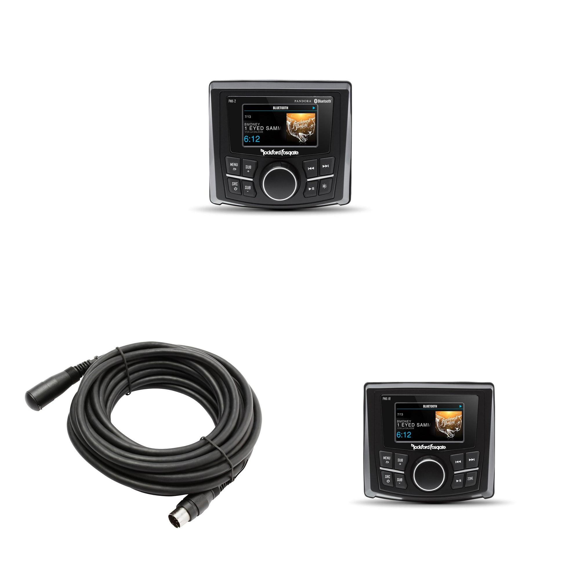 Rockford Fosgate PMX-2 Marine Media Receiver with 2.7” Color Display with PMX-1R 2.7” Wet Bonded Ipx6 Color Wired Remote and PMX25C 25 Ft Extension Cable