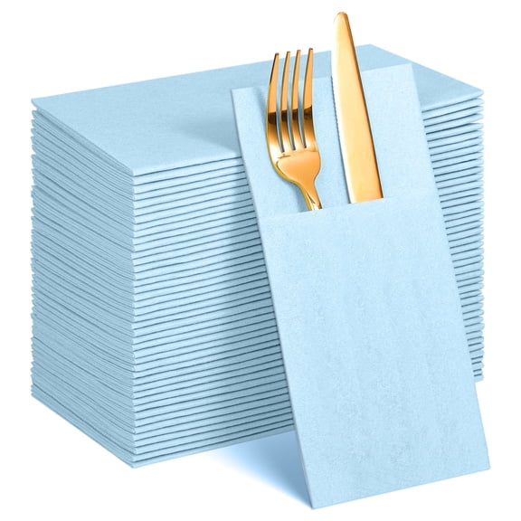 80 Pcs Light Blue Linen-Feel Paper Napkins with Built-in Flatware Pocket, Pocket Linen Napkins Prefolded Cloth Like Paper Napkins Bulk for Silverware Wedding Baby Shower Birthday Bridal Party