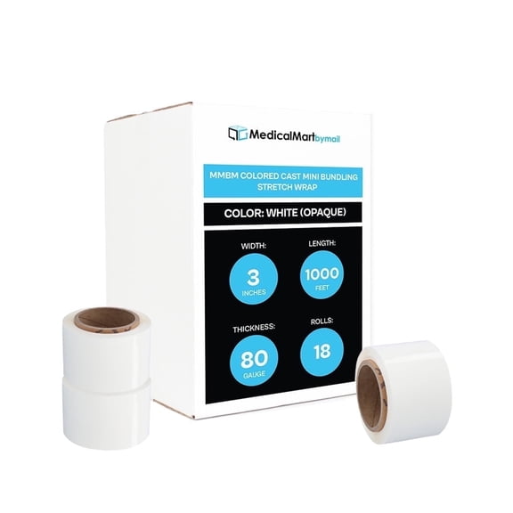 MMBM White Mini Stretch Wrap with Reusable Handle 3 Inch x 1000 Feet 80 Gauge 18 Rolls Plastic Wrap for Shipping