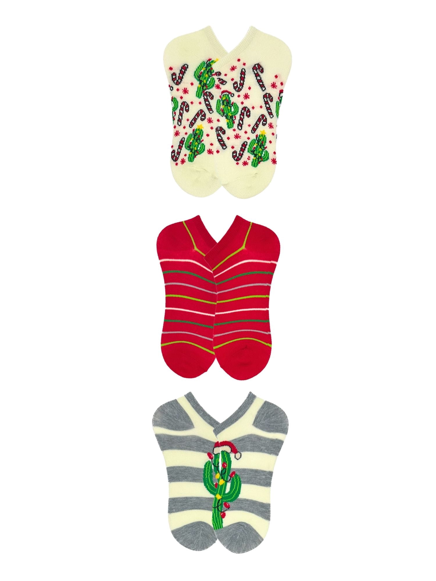 Holiday Time Women's Candy Cane Cactus No-Show Socks, 3-Pack, Size 4-10