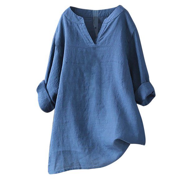 Dyfzdhu Long Sleeve T-shirt For Women Solid Color Stand Up Collar Cotton Linen Long Sleeved Shirt Casual Top