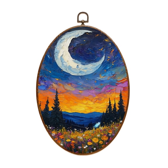 Canvas Wall Art Vintage Forest Moon Midnight Mountain Nature Cottagecore Landscape Oval Framed Canvas Prints Cottagecore Wall Hanging Decor for Home Office Gift 8.6"x11.4"