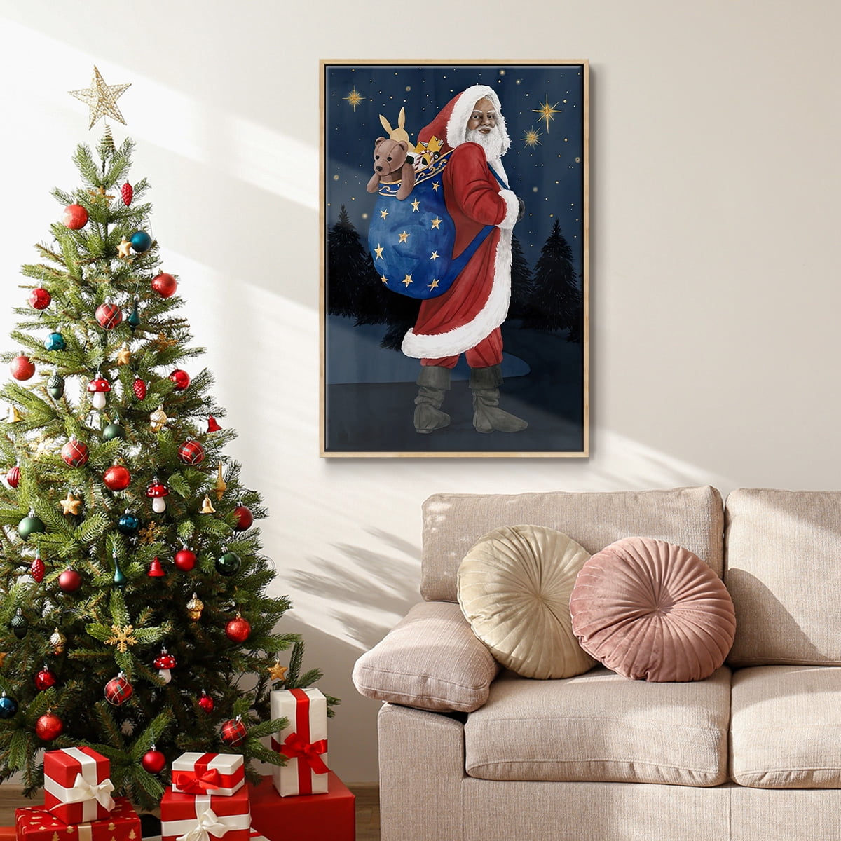 Celestial Christmas Collection B - Framed Gallery Wrapped Holiday Canvas - 17 x 25 - Natural Wood Frame