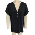thumbnail image 1 of Top con botones y cuello en V para mujer, blusa holgada informal elegante de manga corta de color liso para trabajo de oficina, color negro XXL, 1 of 3