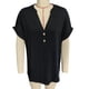 thumbnail image 1 of Top con botones y cuello en V para mujer, blusa holgada informal elegante de color liso, camisa de manga corta para trabajo de oficina, negro M, 1 of 3