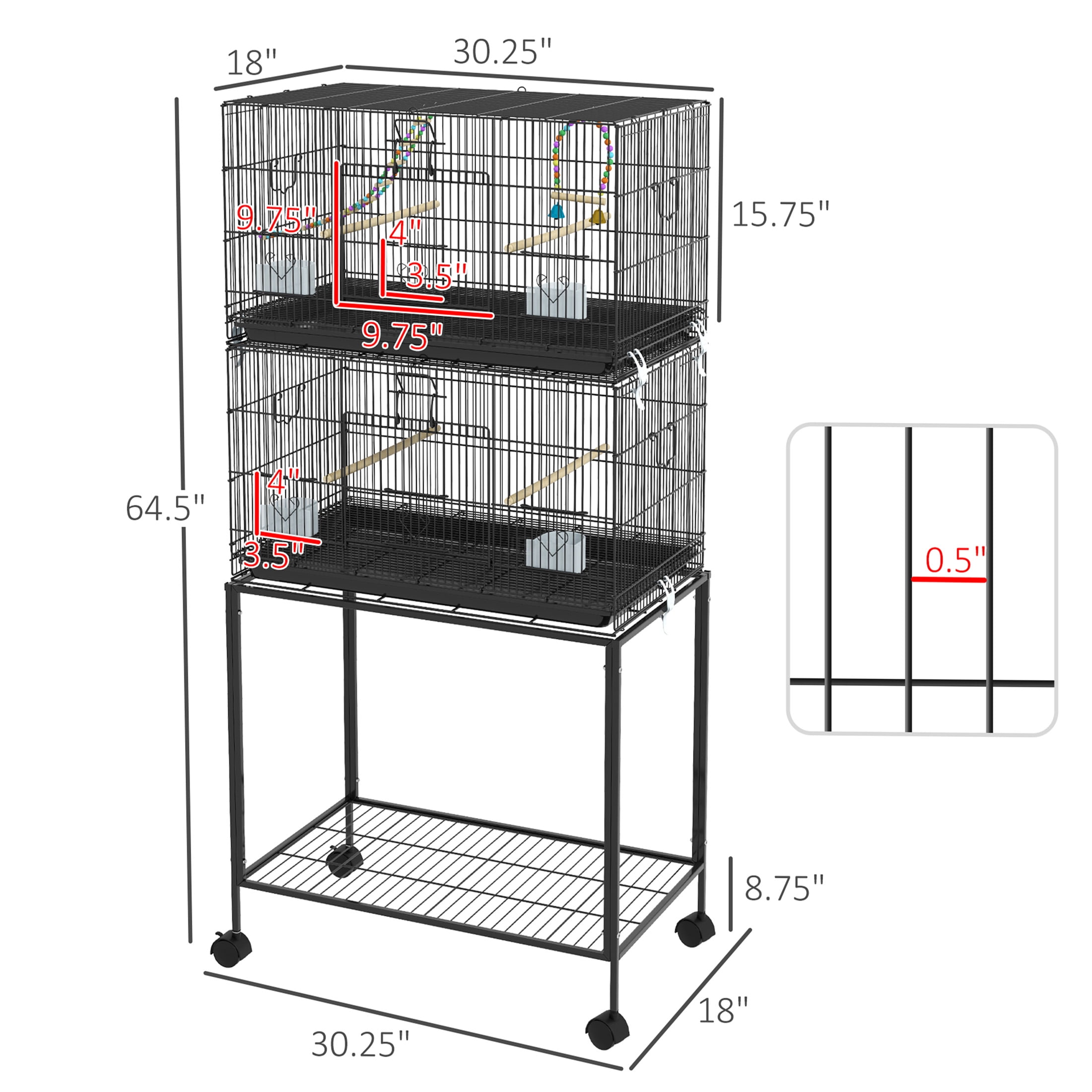 JERFIT 64.5" Double Stack Bird Cage with Stand on Wheels, Black Steel Aviary for Small Birds, Finches, Budgies, Parakeets