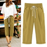 CLLIOS Plus Size Pants Women Summer High Waist Pant with Pockets Casual Drawstring Straight Trousers Yoga Capris Pants