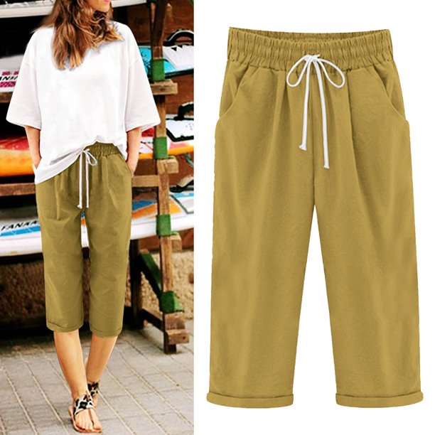 ICHUANYI Liquidación Pantalones de Lino de algodón de Talla Grande de Cinco Puntos sólidos de Verano para Mujer Pantalones Casuales Pantalones de Lino de algodón de Talla Grande sólidos de Verano para Mujer ICHUANYI WER202308251055
