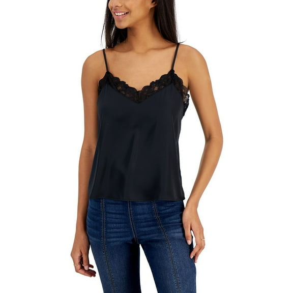 Hippie Rose Juniors' Lace-Trim Satin Tank Top B4HP (Black,Juniors,L)