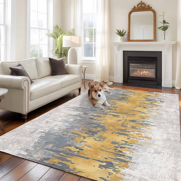 Abstract Large Area Rugs 8x10 ft Yellow Grey Graffiti Silhouette Art Modern Painting Washable Rug Non Slip Indoor Carpet Absorbent Floor Mat for Living Room Bedroom Dining Room