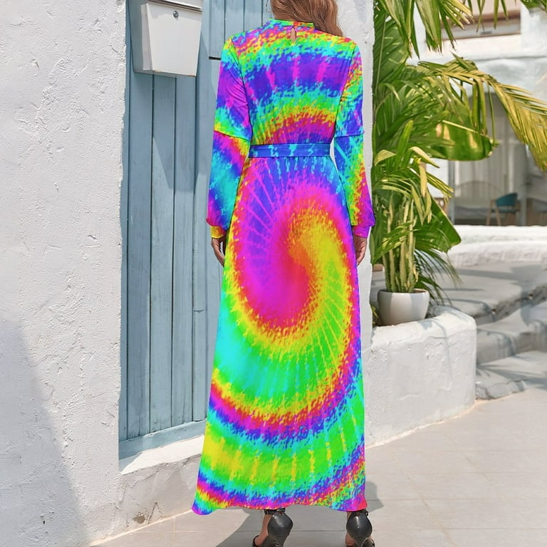 xiaoou 2025 Hippy Psychedelic Dress Retro 70s Tie Dye Aesthetic Bohemia Dresses Female Long-Sleeve High Neck Cute Long Maxi Dress, Women's, Size: XS