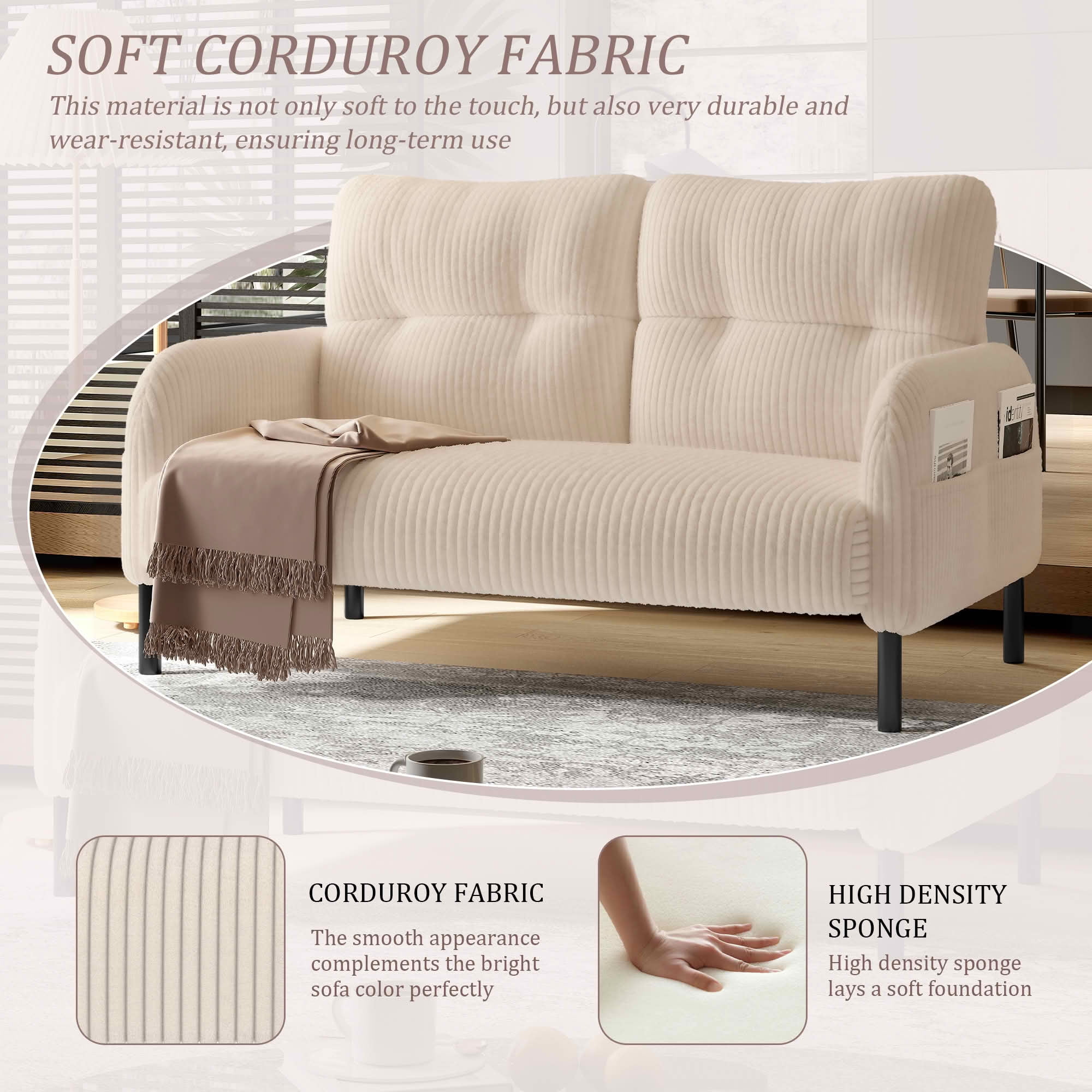 MAYEERTY Corduroy 2-Seater Loveseat, Modern Monochrome Double Sofa with Side Storage Pockets & Sturdy Wood Frame for Home Office