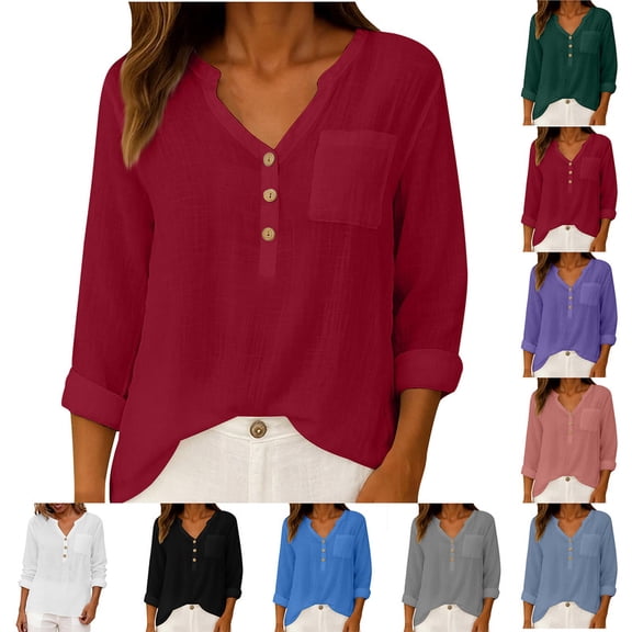 Smsaxvxz Women Summer Cotton Line Tops Fashion Button V Neck Long Sleeve Casual Solid Loose Shirts Red L