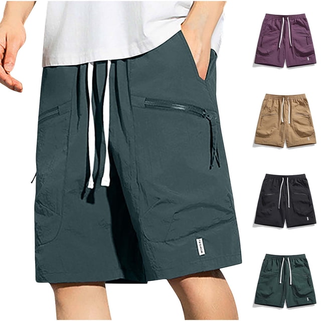 Hurxie Deals Big & Tall Cargo Shorts with Zipper Pocket Green Mens Drawstring Casual Bermuda Shorts Ripstop Shorts M-4XL