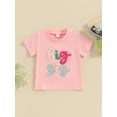 thumbnail image 5 of Toddler Girls T-Shirts Fuzzy Letter Embroidered Sister Matching Crew Neck Short Sleeve Shirts Summer Casual Fashion Kids Tops, 5 of 9
