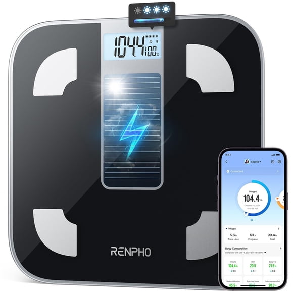 RENPHO Báscula para peso corporal, energía solar sin batería, báscula inteligente de baño digital, b