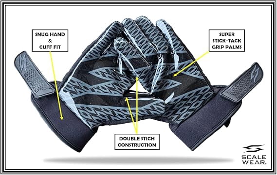 Stealth Padded Football Receiver Gloves - Battle College Lineman, Be a Villain Not a Joker with Padded Stealth Football Gloves with Elite Tacky Grip Palms, Youth, Kids, Men, Boys Small to XXL Sizes