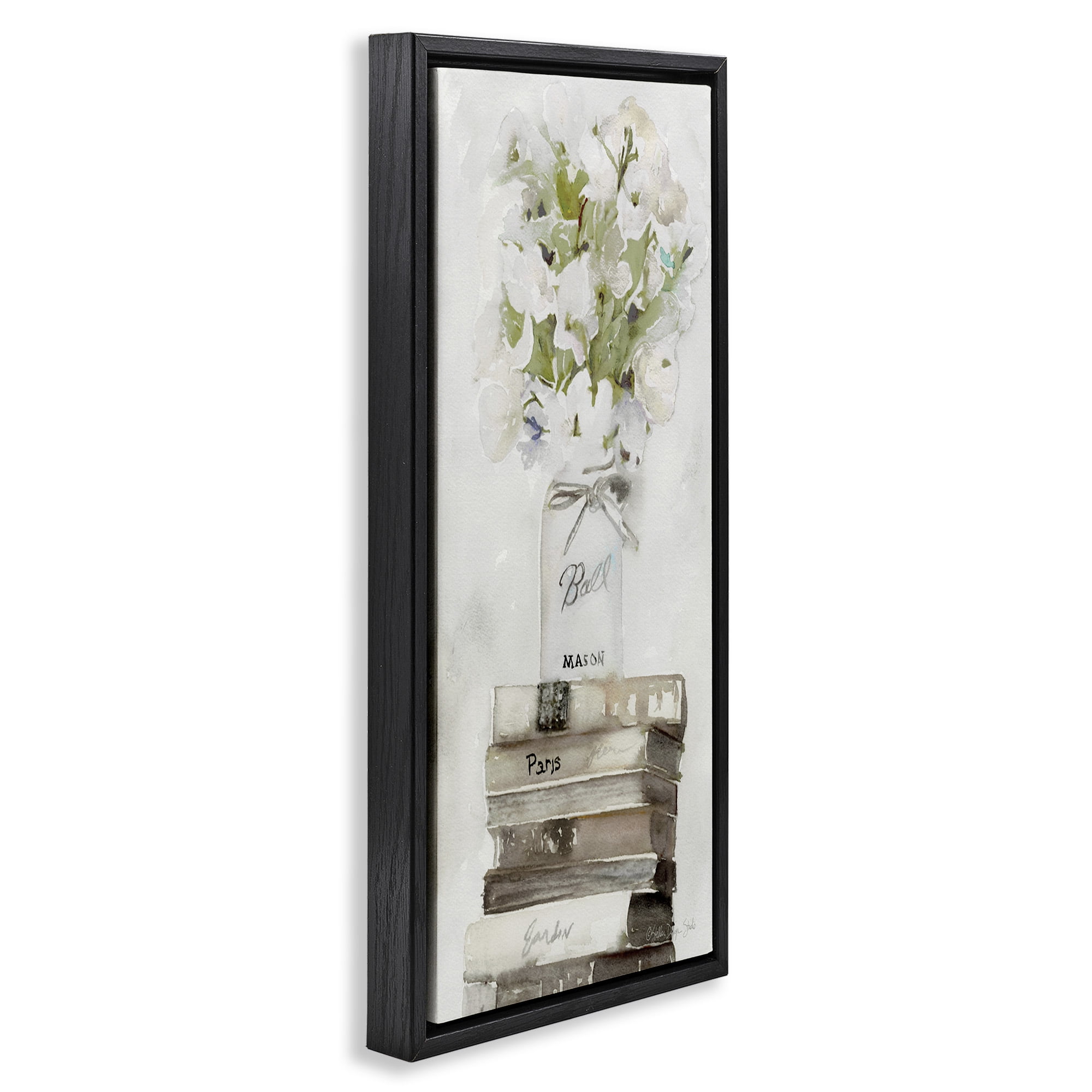 Stupell Industries White Florals on Distressed Books Botanical & Floral Painting Black Floater Framed Canvas Art Print Wall Art, 15 x 31
