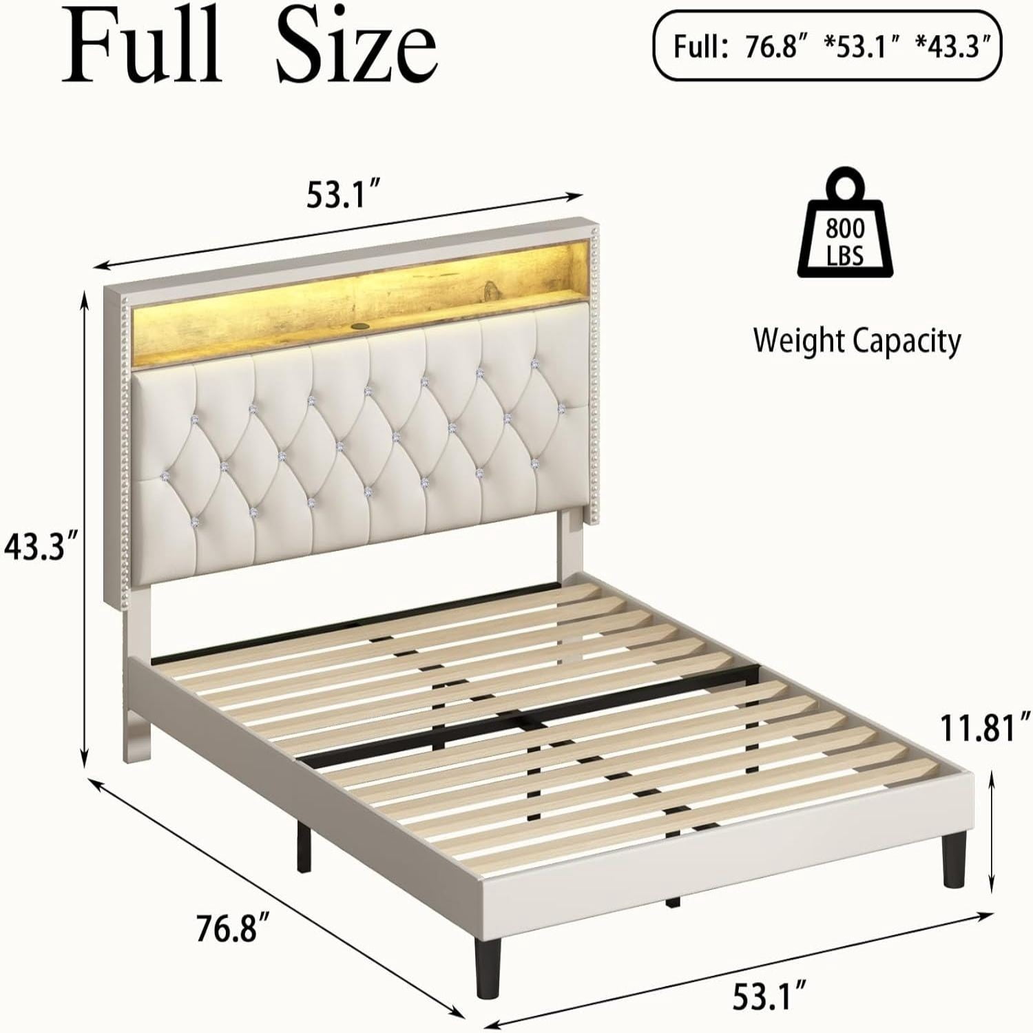 4 EVER WINNER Full Size Bed Frame with Storage Headboard, Velvet Upholstered Bed Frame with LED Light, White Full Bed Frame with Charge Station, White