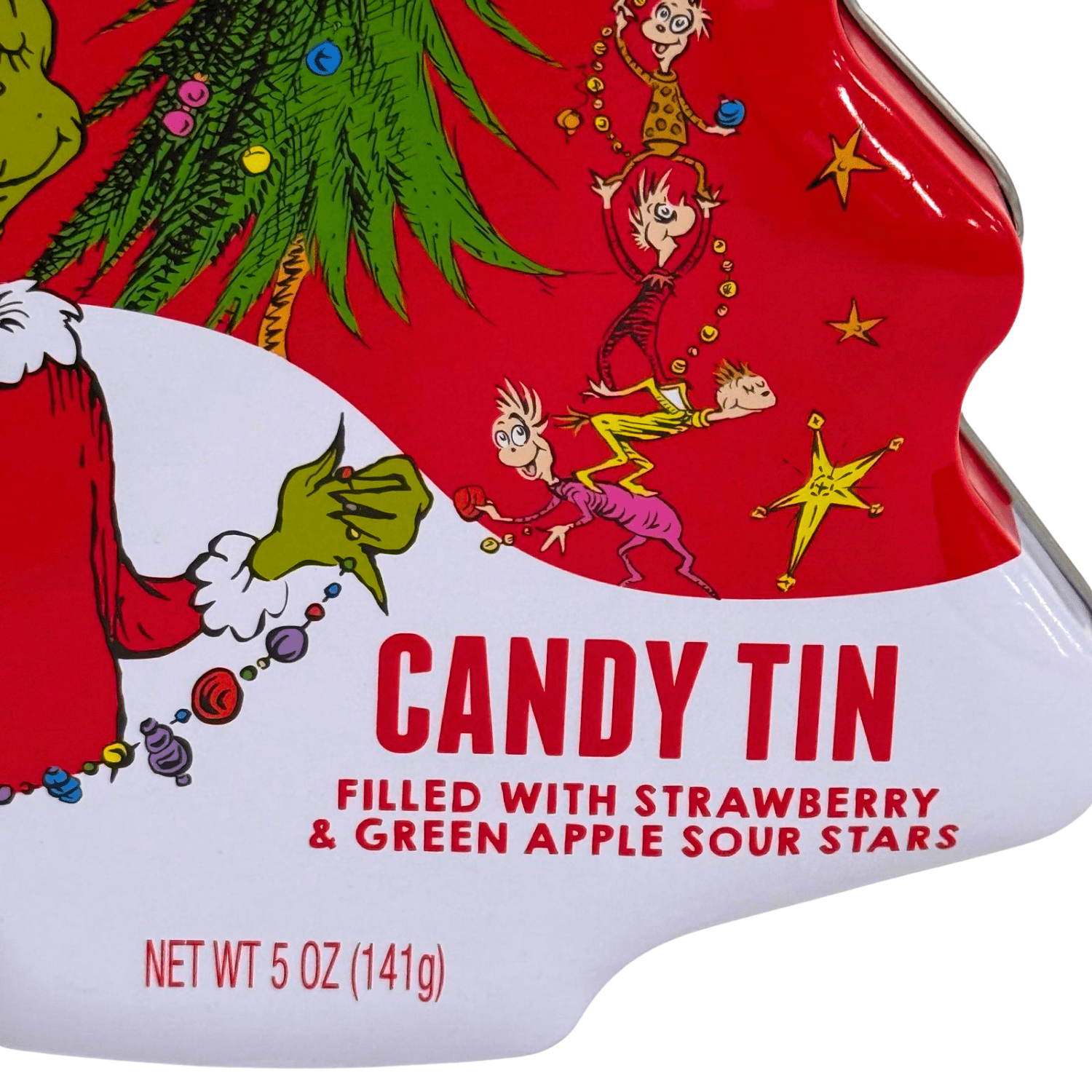 The Grinch Christmas Tree Tin with Strawberry and Green Apple Sour Star Candies, 5 oz