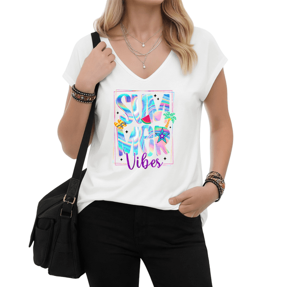 UNISHE Summer Vibes Colorful Beach Graphic Tees V-neck Print Tshirt Shirts White Gray S-5XL Tops