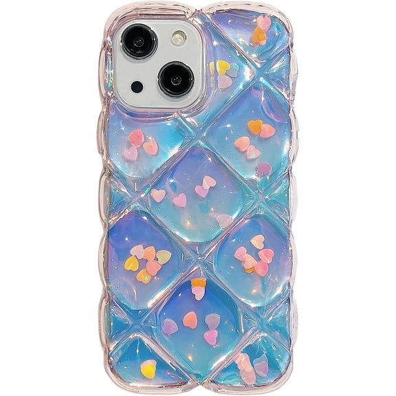 Compatible with iPhone 13 Case,Cute Laser Gradual Bling Love Heart Glitter Clear Translucent Card Soft Wave Frame Anti-Falling 3D Thick Shockproof Phone Cover(for 13 6.1")