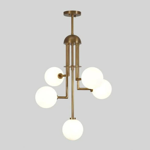 Handcrafted Five Globes Mid Century Modern Sputnik Chandelier – Stilnovo Style Ceiling Light Fixture, Brass Frame Glass Globe Chandelier