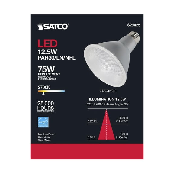 Satco 12.5w PAR30LN LED 2700K 25 deg. Beam Medium base 2700k Warm White