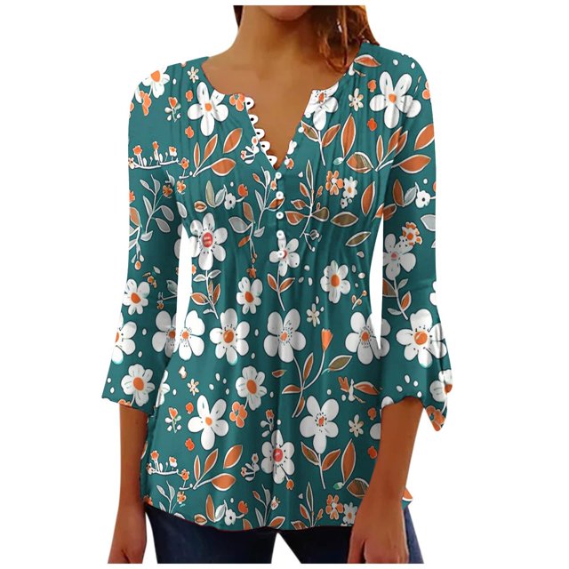 Camisetas de Cuello en V Mujeres, Impreso 3/4 Manga Blusa Casual Hecha de Cómodo Estante de Imitación para Toda la Temporada de Uso Diario, Camisetas Casuales de Mujer